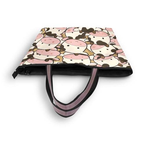 Cute Cartoon Cow Pink silk fabric zippered travel tote bags reusable handbags for women 20254