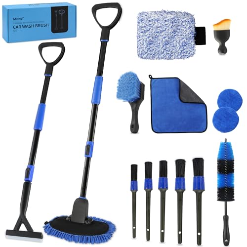 Mionyl Car Wash Brush Mop Kit with Long Handle and Squeegee, Car Detailing Kit Interior Cleaner Set - Sponge, Wheel-Tire-Rim Brushes, Microfiber Towel for Auto Rv Truck Vehicle Boat Wall