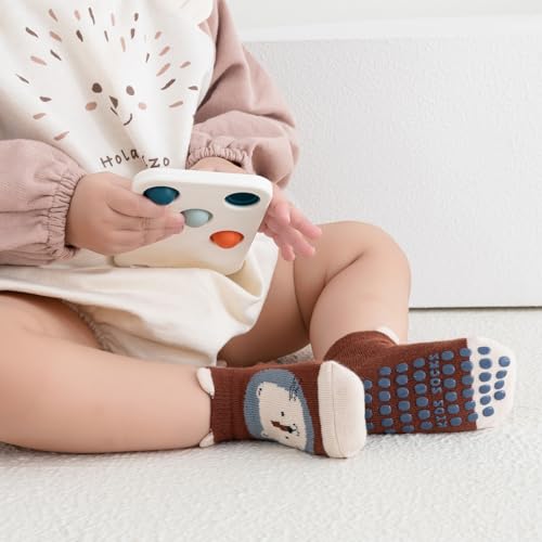 TootyTots 6er Set Kinder rutschfeste Socken mit Tierdrucken - Unisex Baby Baumwollsocken für Jungen Mädchen, Atmungsaktiv Jahreszeitübergreifend als Geschenkidee​