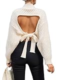 GORGLITTER Women's Bow Open Back Sweater Top Trendy Long Sleeve Backless Drop Shoulder Mock Neck Cable Knit Sweaters Beige Large