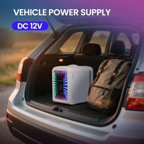 Image of Electactic 4L Mini Fridge for Bedroom with LED Gaming Light, 110V AC /12V DC Mini Refrigerator for Home and Car, 6-Can Portable Fridge for Car,Gaming Room,Dorm,Food,Drinks,Cosmetics and Skincare,White