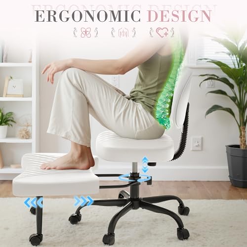Image of Furmax Ergonomic Criss Cross Legged Office Chair with Wheels, 360Swivel Adjustable Height Kneeling Desk Chair with Footrest for ADHD, Yoga, Meditation, Home Office (Leather, White)