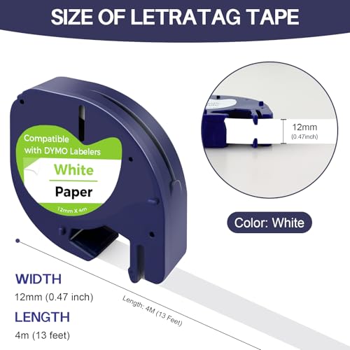 CNMTCCO Etikettenband für DYMO Letratag, 3er Pack Etikettenband kompatible mit DYMO Etikettenband 12mm x 4m, White Schriftband Funktioniert für Dymo Letratag LT-100T 200B, LT-100H XR Schwarz auf Weiß