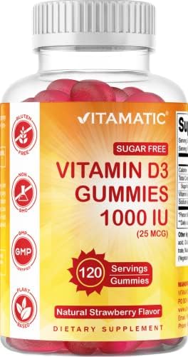 Vitamatic Sugar Free Vitamin D3-120 Pectin Based Gummies – Great Taste – Healthy Bones, Mood & Immune System Function – Non-GMO – 120 Servings (1000 IU)