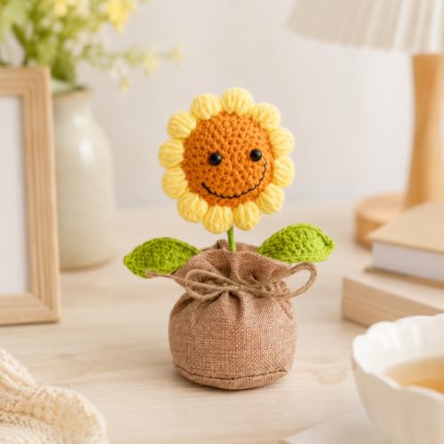 Image of Handmade Crochet Sunflower in Jute Bag 16 cm, Mini Artificial Crochet Flower Pot with Smiley Face, Cute Desk Decor for Home, Office Table, Shelf, Birthday, Friendship & Thank You Gift