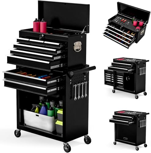 Percince High Capacity Rolling Tool Boxes with Wheels and Drawers, 8-Drawer Storage Cabinet,Detachable Organizer Combo,Mobile Lockable Toolbox for Workshop Mechanics Garage?Black?