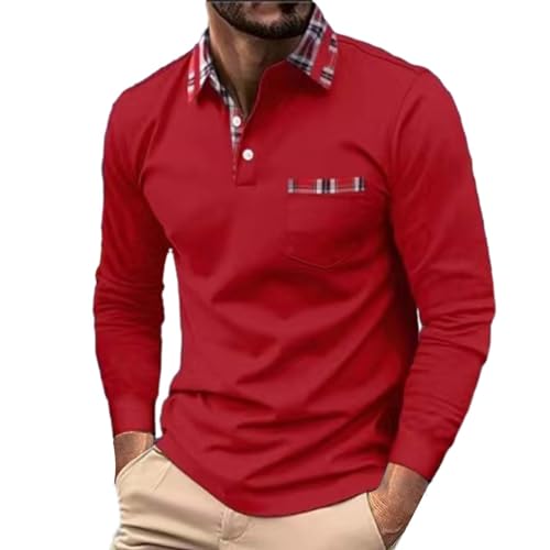 Polo de manga larga para hombre, camisa de negocios, polo para hombre, camisa larga con botones de presión, camisa con cuello en V, camisa de manga larga, rojo, M