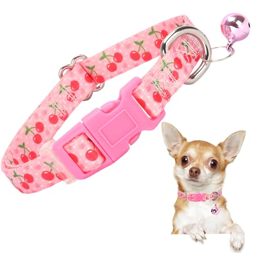 XS Dog Collar with Bell - Durable Nylon Collar for Small Breeds, Adjustable Cute Fruit Pattern Collar for Chihuahua Pomeranian Yorkie, Heavy-Duty for Active Puppies（Cherry XS） 46 XS