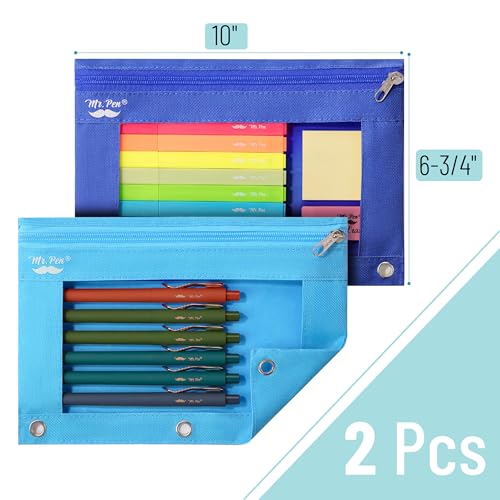 Image of Mr. Pen- Pencil Pouch for 3 Ring Binder, 2 Pack, 10 inchx6.75 inch, Smooth Zipper | Clear Window, Large Capacity Pencil Case with 3 Reinforced Grommets for School, Office, Supplies Storage | Clear Window, Large Capacity Pencil Case with 3 Reinforced Grommets for School, Office, Supplies Storage