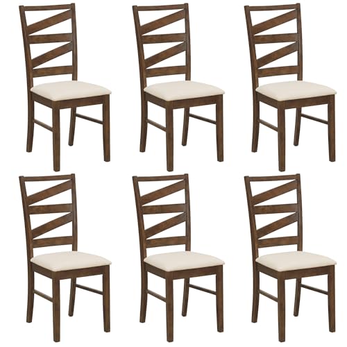 Image of COSTWAY Wooden Dining Chairs Set of 6, Farmhouse Kitchen Side Chair with High Back, Fabric Padded Seat, Armless Chairs for Dining Room, Living Room, Home Kitchen, Restaurant (Brown & Beige)