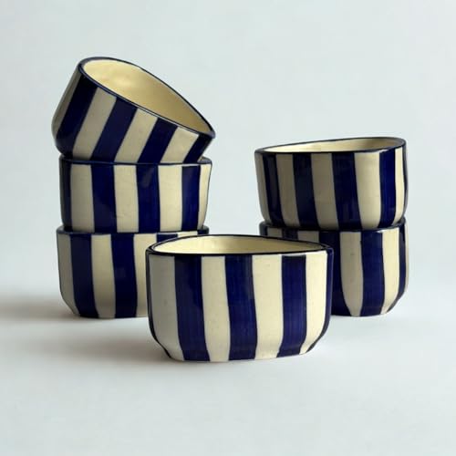 Image of Handcrafted Blue Striped Ceramic Dip Bowls Set of 6 | Elegant Snack & Sauce Bowls | Microwave Safe, 50 ml Each