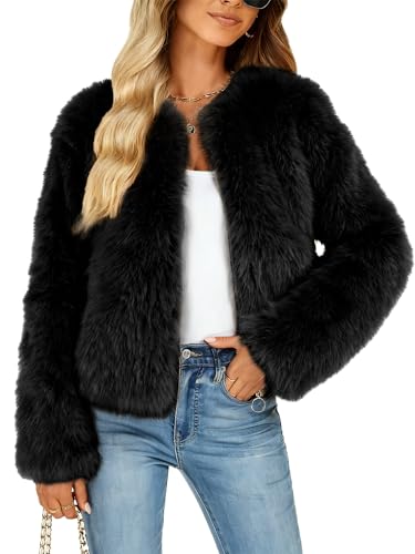 Funlingo Womens Faux Fur Coat Winter Long Sleeve Zip Up Warm Cropped Jacket Crew Neck Trendy Furry Outerwear Black M
