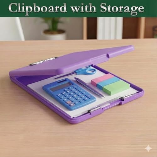 Image of Yajnas Clip Pad /Clipboard with Built-in Storage Compartment and Pen Holder - Durable, Lightweight Writing Pad with Snap Closure - Ideal for Office, School, Fieldwork (Purple Colour)