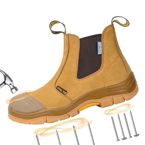 Work Boots for Men, Steel Toe, Puncture-Resistant, Pull on Chelsea Leather Safety Boots, US Size 6-15 M & W