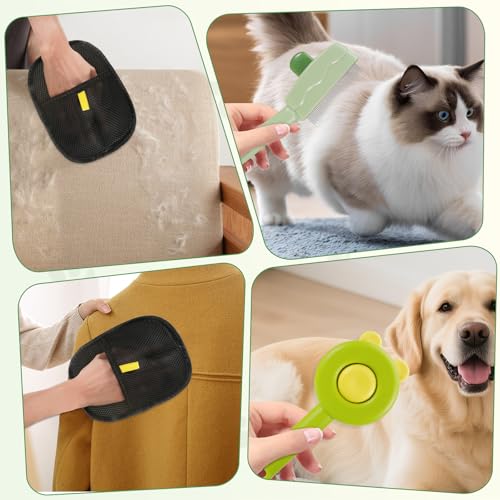 4 Stück Katzenbürste, 2 Fellblitz Bürste Katze & 2 Tierhaarentferner Handschuh, Flohkamm für Katzen Hunde, Knoten öffnen um Schwimmendes Haar zu Entfernen Edelstahl Katzenbürste und Massagehandschuhe