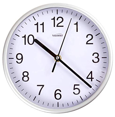 Youshiko Stylish Silver & White Bold Classic Quartz Wall Clock Non Ticking Silent (20cm / 8-Inch Diameter), Home/Kitchen/Office/School Clock, Easy to Read
