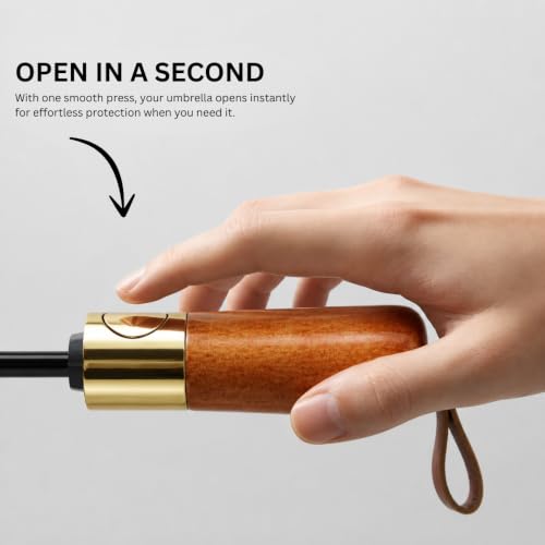 Image of STAR WORK Small Wooden Handle Compact UV Protection Umbrella, Automatic Open Hook Handle Stick Golf Umbrellas for Rain, Sun & Wind Protection.