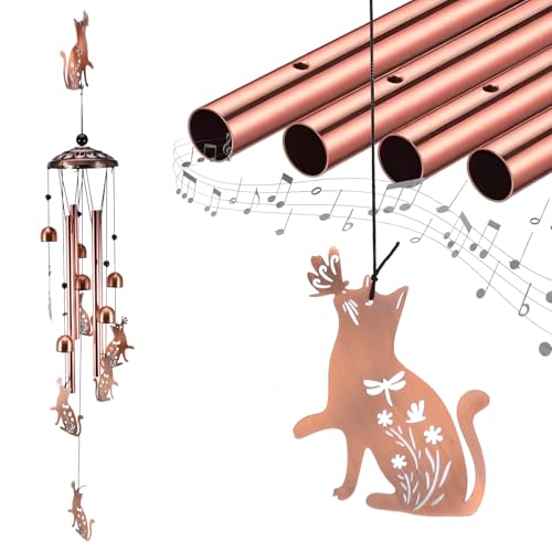 Wind Chimes, Cute Pet Wind Chimes for Garden Indoor Outdoor Patio and Home Décor, Metal Wind Chime Gift for Mom Women Grandma Friend, Unisex Housewarming Gift, 38inch High (Cat)