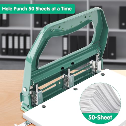 Image of AFMAT 3 Hole Punch Heavy Duty, 9 /32 inch Holes, 50-Sheet Hole Puncher 3 Ring, 50% Reduced Effort, Adjustable Two & Three Hole Punch, Metal Paper Puncher w /Large Chip Tray, Metal Paper Guide, Green, HP18