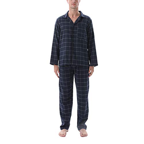 Cotton Pajamas For Men Button Down Flannel Pajamas Mens Sleepwear Plaid Pjs Set Warm Loungewear Nightwear #TOP1