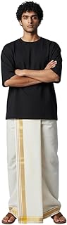 Kuthampully Men's Kerala Kasavu Dhothi Cotton | Golden Kerala Kasavu Mundu | Plain Cotton Dhoti For Men | Traditional Sout...