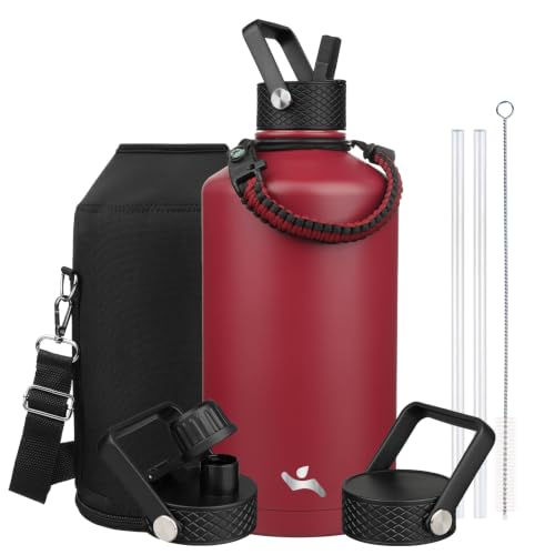 Image of Konokyo Gallon Insulated Water Bottle with Straw,128 oz 3 Lids Water Jug with Carrying Bag,Paracord Handle, Double Wall Vacuum Stainless Steel Metal Flask,Dark Red