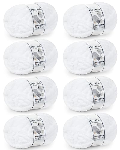 Image of Cozyful Chunky Yarn for Hand Knitting, #9 Thick Jumbo Big Chunky Yarn for Crocheting, Super Chunky Knit Blanket Yarns, Large Chunky Chenille Yarns, 8 Pack (30 yds 8 oz Each Skein), Pure White