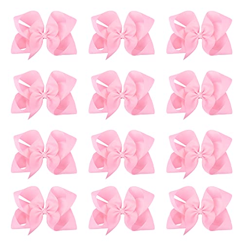 DEEKA 12 PCS 6" Big Hand-made Grosgrain Ribbon Hair Bow Alligator Clips Hair Accessories for Little Teen Toddler Girls - Light Pink