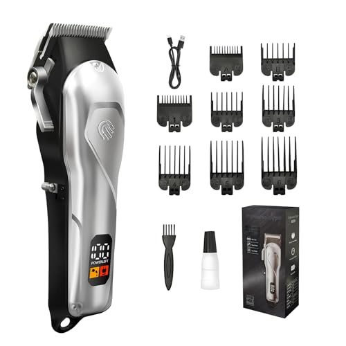 Hair Clipper for Men Professional Cordless Hair Clipper for Home&Barber Use Rechargeable Trimmer Set for Hair Cuting&Grooming with LCD Display 8 Guide Combs Birthday Gift for Men(Silver-White)