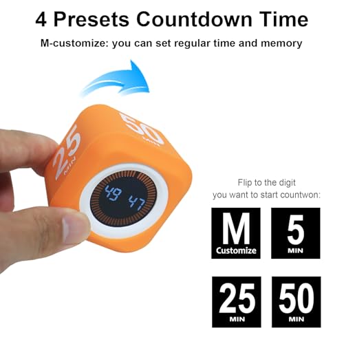 Image of Rotating Pomodoro Cube Visual Timer 5, 25, 10 50 Minutes Preset, Rechargeable Desk Productivity Flip Timer w /Silicone Cover Custom Countdown, Silent Mode for ADHD, Study, Work, School(Blue)