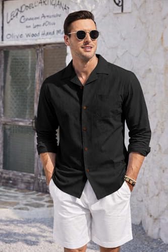 Image of Zombom Men's Cotton Blend Shirt with Full Sleeves Solid Pattern Cuban Collar Neck Line Regular Fit and Standard Length | Solid Shirt for Man Cotton | Shirts for Mans