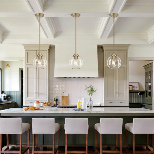 Image of MQMQA 2 Pack Globe Pendant Lights, Mid Century Brass Pendant Light Fixtures, Globe Pendant Lights Kitchen Island with Clear Glass Shade Hanging Fixture for Dining Room (Bulbs not Included)