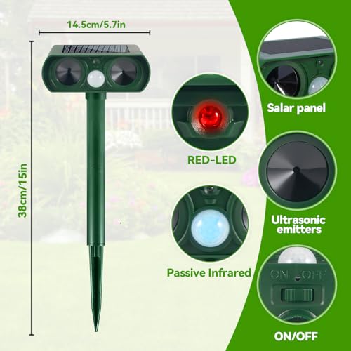 PQETBV Solar Ultraschall Katzenschreck, wasserdichte Ultraschall-Katzenvertreiber mit Bewegungssensor Katzenschreck für Garten, Wirksam Gegen Katzen, Hunde, Marder, und Vögel Schädlineg