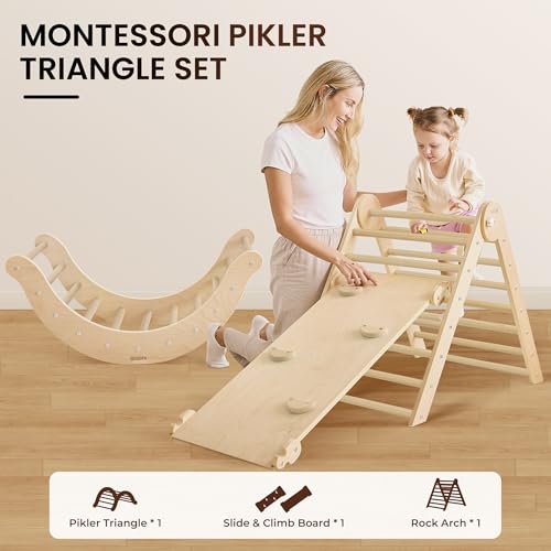 Image of Belleur 7-in-1 Climbing Toys for Toddlers 1-3 Years Old, Foldable Wooden Pikler Triangle Set Indoor, Montessori Climbing Set with Arch, Ramp & Ladder - Natural