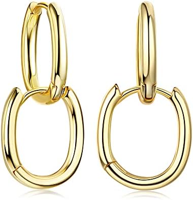 Gold Cubic Zircon Hoop Earrings 925 Sterling Silver Rectangle Huggie Hoop Earrings Lightweight Paperclip Link Chain Earrings for Women