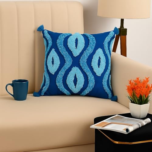 Image of TIB Premium Boho Cushion Covers 16 inch x 16 inch | Decorative Throw Pillow Covers Set of 2 with Tassel Accent for Sofa, Couch, Living Room & Bedroom | Blue Diamond