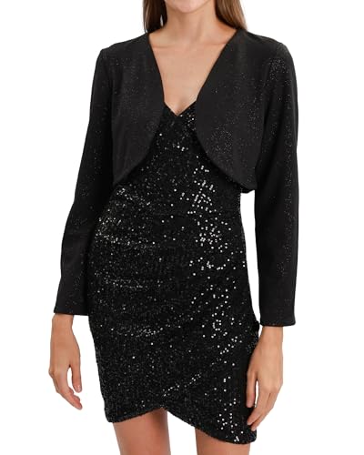 Xintianji Womens Glitter Open Front Cropped Blazer Jacket - Long Sleeve Party Casual Short Blazer