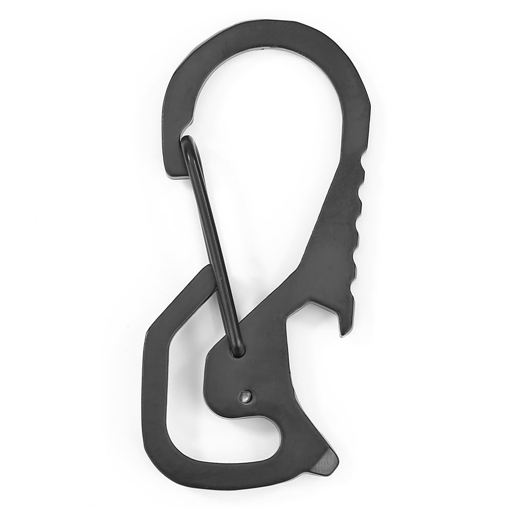 Keychain Corkscrew Stainless Steel Pocket Keychain Carabiner Multifunctional Practical Mountaineering Buckle Hiking Equipment (Black)