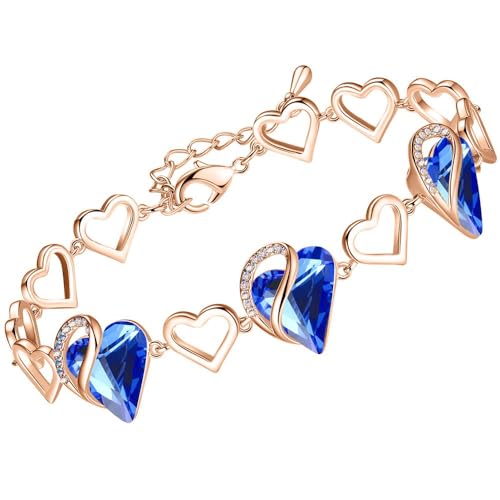 Leafael 18K Rose Gold Plated Love Heart Link Bracelet with Healing Stone Crystal, Jewellery Gifts for Women, 7
