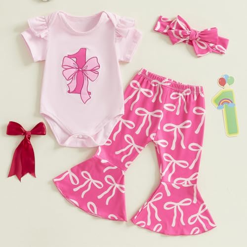 3Pcs Baby Girl 1st Birthday Outfit Bow Ruffle Short Sleeve Romper T-Shirt Bell Bottom Pants Summer Clothes Set2