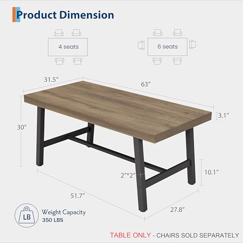 Image of GarveeHome Industrial Dining Table for 4-6 People, 63 inch Long Kitchen Table with Sturdy Metal Frame, Rectangular Counter for Dinner, Kitchen, Dining Room (Rustic Pear, 63 inch Non-extendable)