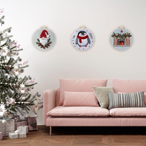 Image of EOBTAIN 3 Pcs Funny Christmas Embroidery Kit for Beginners,Red Gnome and Penguin Embroidery Starter Kit Winter Xmas Fireplace Stamped Patterns with Hoop,Thread,Needles,Hand DIY Craft Kits for Adults