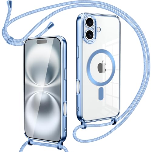 Oelrstfe Cover Magnetica Trasparente con Cordino per iPhone 16 con Magnetico,Custodia Sottile Morbido Silicone con Laccio Collana Tracolla Regolabile Antiurto Case con Collana per iPhone 16-Blu