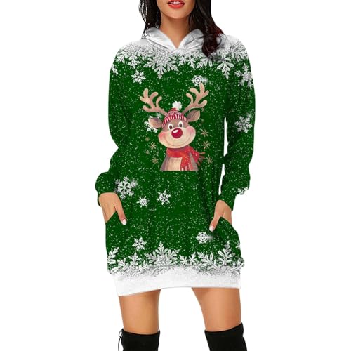 ZLLFHS Women Ugly Christmas Hooded Sweatshirt Dress Merry Xmas Santa Print Hoodie Funny Graphic Reindeer Dress Cocktail Holiday Party Costumes