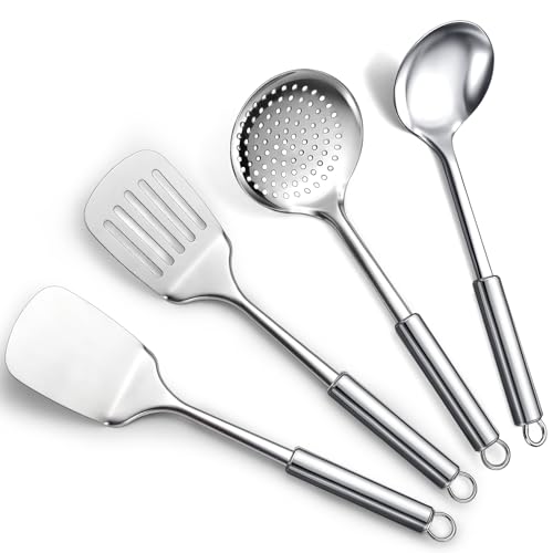 ReaNea Juego de utensilios de cocina de acero inoxidable de 4 piezas que incluye juego de espátula de metal, espumadera de cocina, cucharón de sopa esenciales para el nuevo hogar debe tener