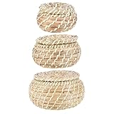 Housoutil Cestas de Almacenamiento Tejidas Tapa 3 Piezas para Hogar, Organizador de Artículos Varios, Cesta para Almacenar Césped, Contenedor Multiuso para Sala, Cocina y Baño