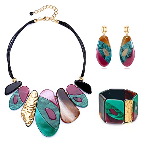 MUYAN Statement Acrylic Jewelry Set for Women, Big Bohemian Multicolor Bib Necklaces Bangle Bracelet Dangle Earrings Chunky Jewelry Sets