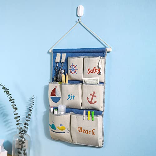 simpletome Sac de Rangement Suspendu Mural 7 Poche Sac en Tissu de Pochette de Rangement pour Télécommande Lunettes Bijoux Courrier clés avec 2 Crochets (Méditerranée, 50*35cm) Cover