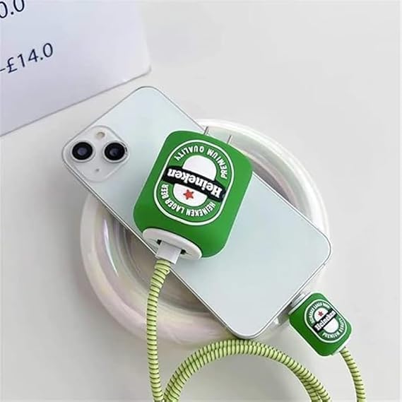 Image of PHONE PALACE 4 in 1 Compatible with Apple iPhone Charger Case Cover | Silicon Charger Case Cover for Apple 18-20W 360 Degree Protection Case with Wire Saver (Green Biscuit Bear)