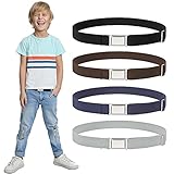 JasGood 4 Stück Gürtel für Jungen Mädchen Verstellbarer Elastischer Dehnbar Kindergürtel mit Silberner Quadratischer Schnalle, Schwarz/Kaffee/Blau/Grau, 72cm(Für Taillenumfang unten 65cm)